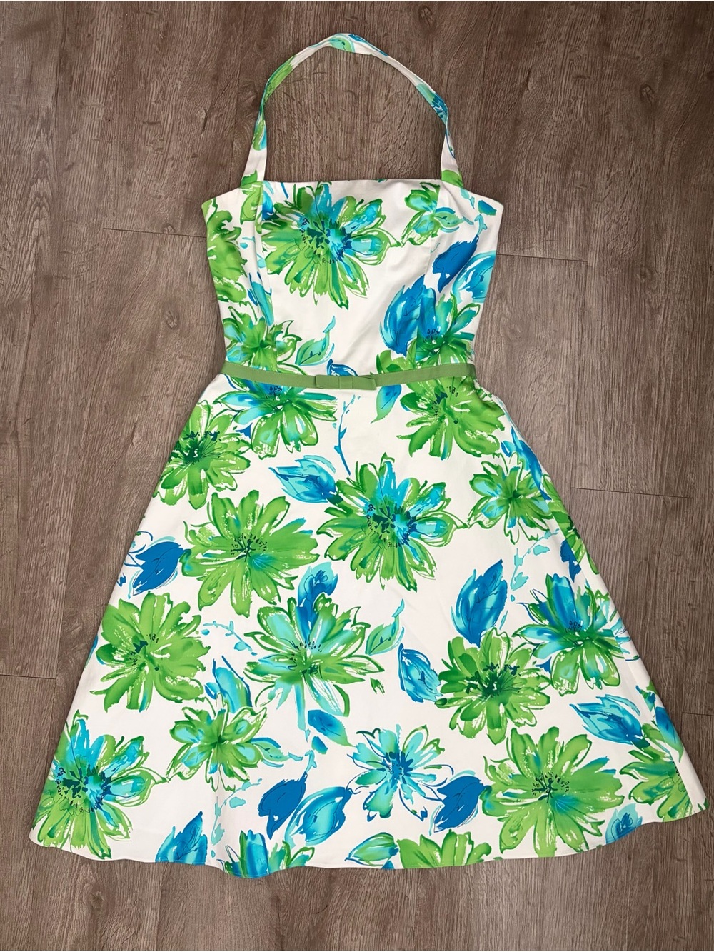 Jessica Howard Y2K A-Line Green Blue Floral Halter Cotton Sundress Size 4